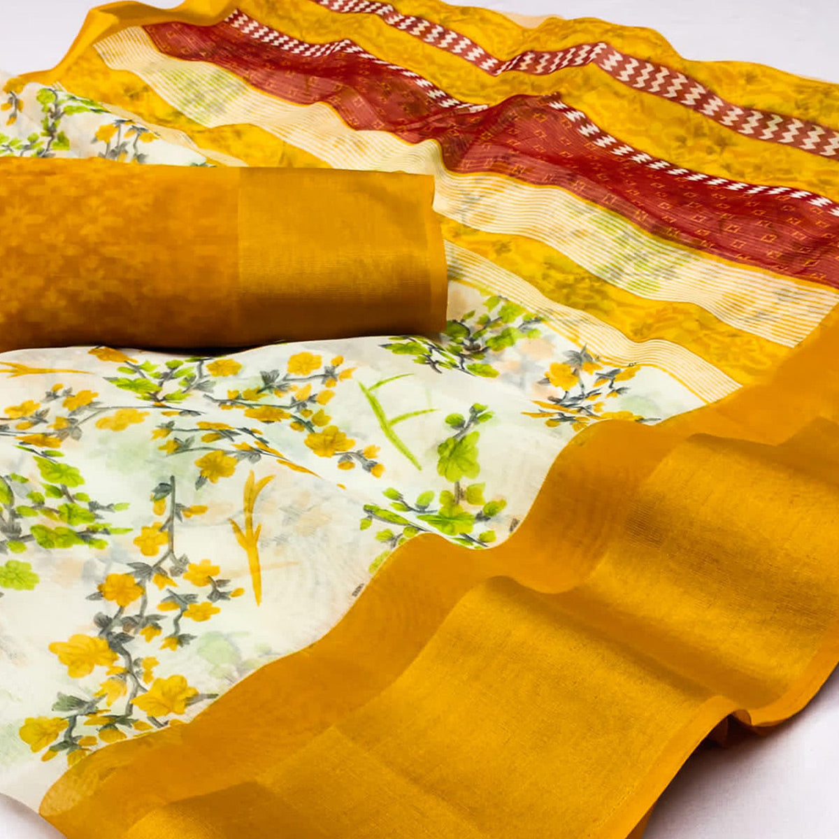 White & Yellow Floral Printed Cotton Blend Saree