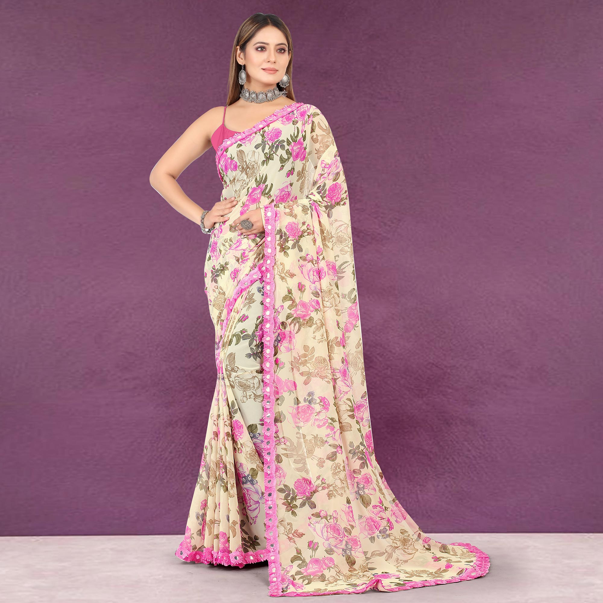 Beige Floral Printed Georgette Saree