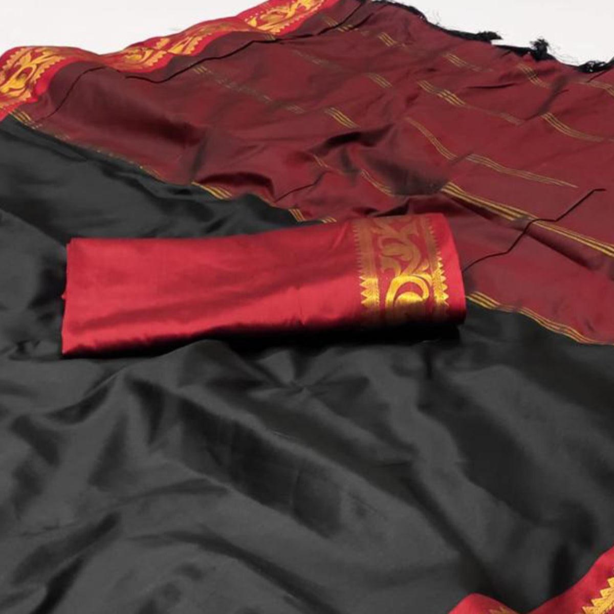 Black Woven Cotton Silk Saree With Tassels