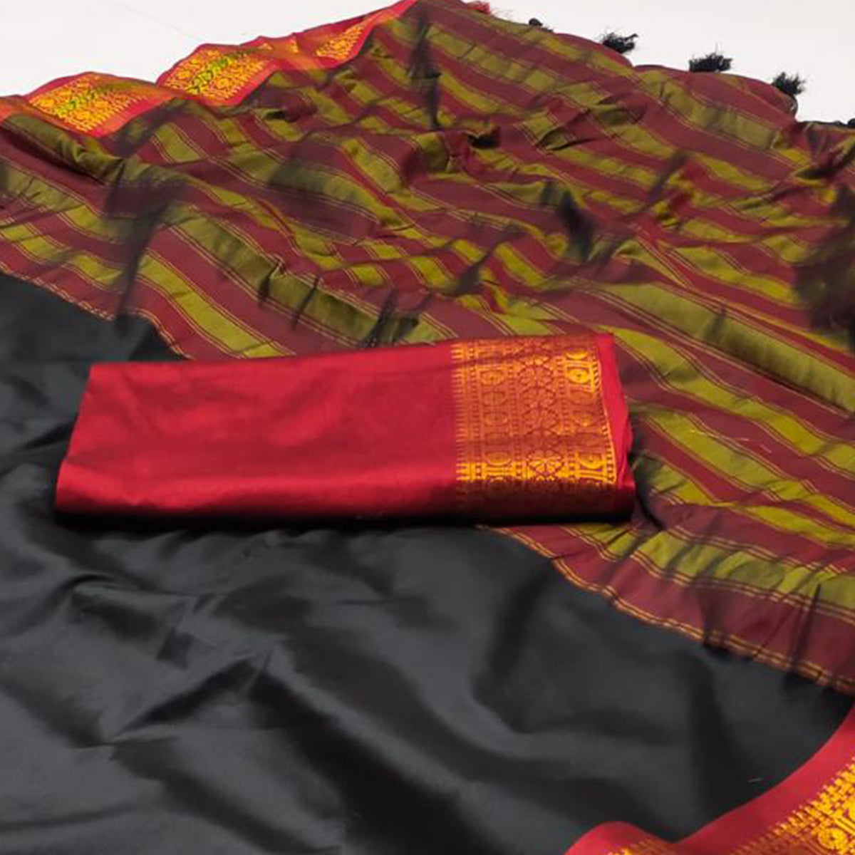 Black Woven Cotton Silk Saree With Tassels