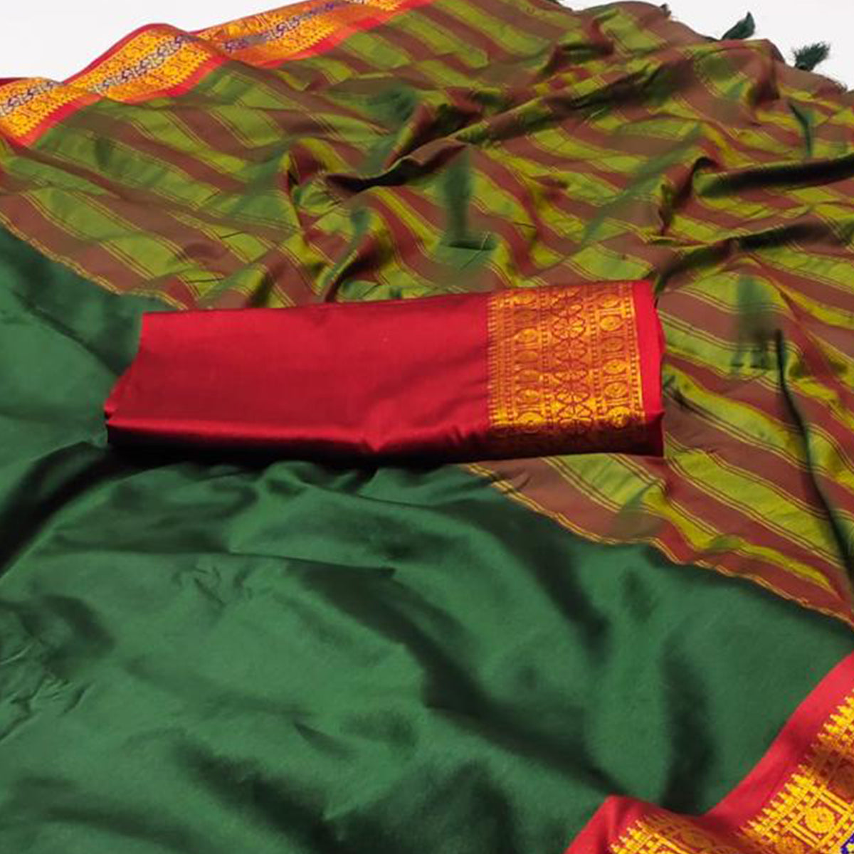 Bottle Green Woven Cotton Silk Saree With Tassels