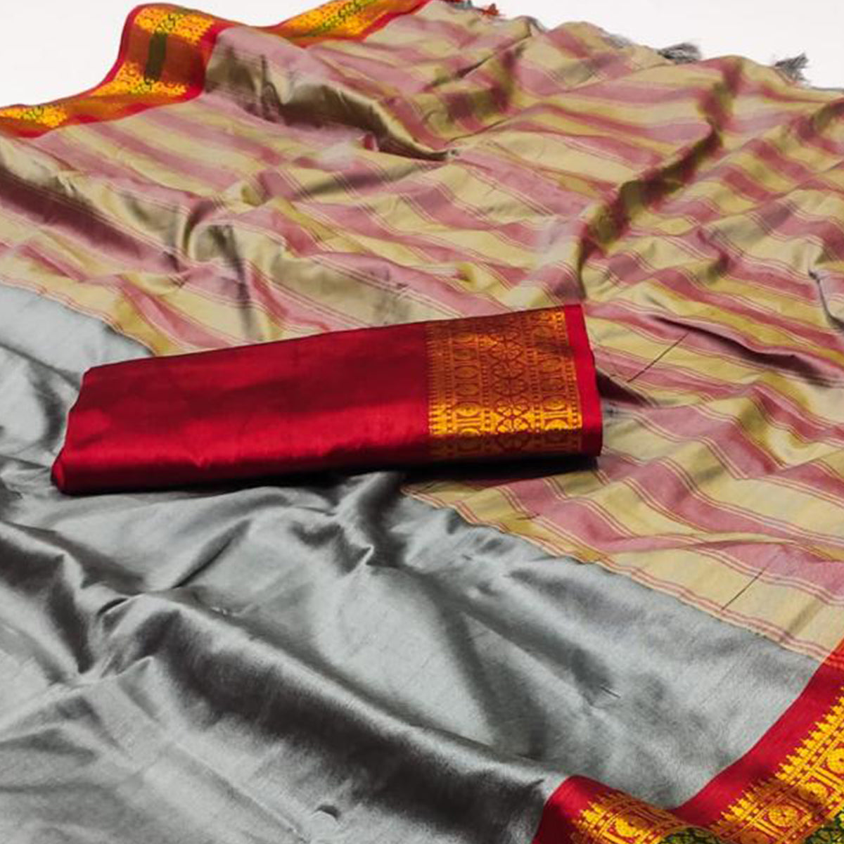 Grey Woven Cotton Silk Saree With Tassels