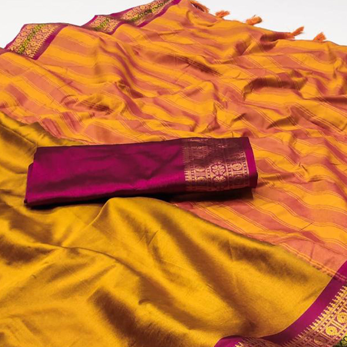 Mustard Woven Cotton Silk Saree With Tassels