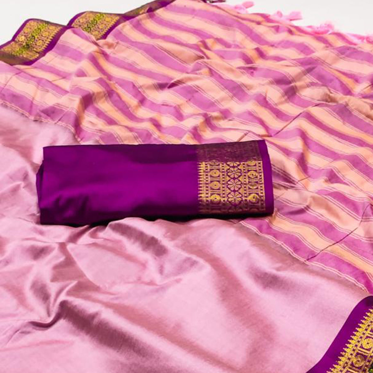 Pink Woven Cotton Silk Saree With Tassels