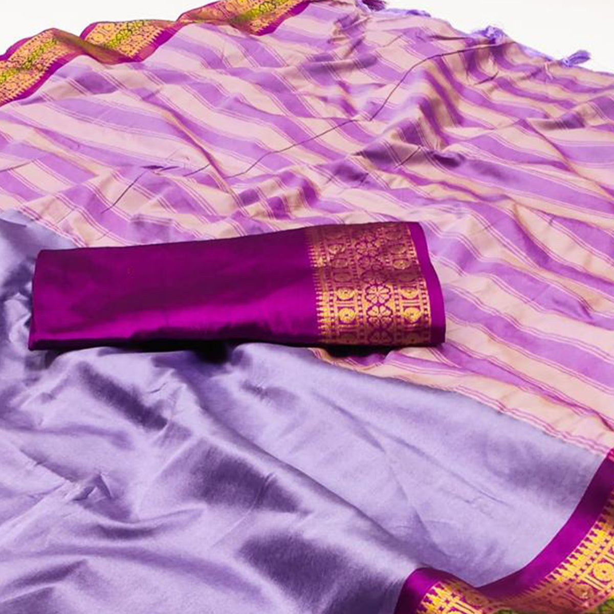 Violet Woven Cotton Silk Saree With Tassels