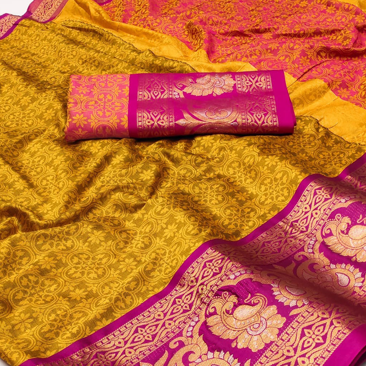 Gold Floral Woven Cotton Silk Saree With Tassels