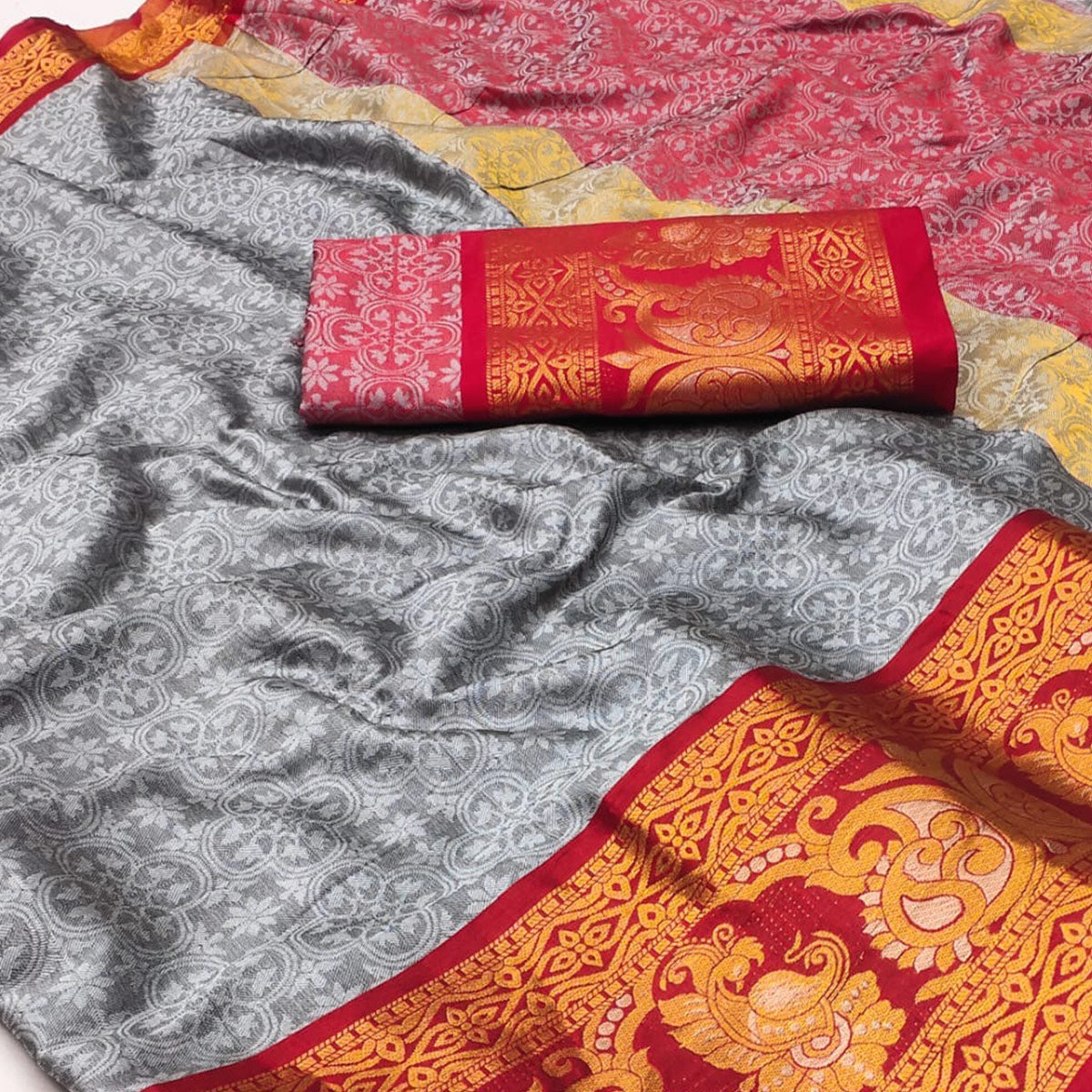 Grey Floral Woven Cotton Silk Saree With Tassels