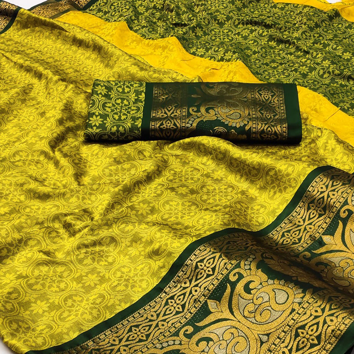 Lemon Green Floral Woven Cotton Silk Saree With Tassels