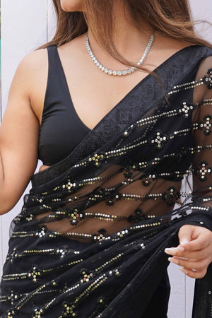 Black Net Saree Featuring Intricate Thread & Sequins Work With A Luxe Diamond Border
