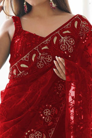 Maroon Net Saree With Floral Thread Embroidery Adorned In Stone & Mirror Accents