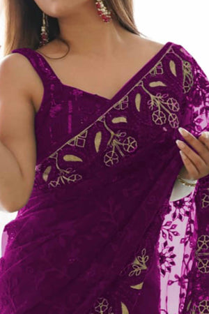 Purple Net Saree With Floral Thread Embroidery Adorned In Stone & Mirror Accents