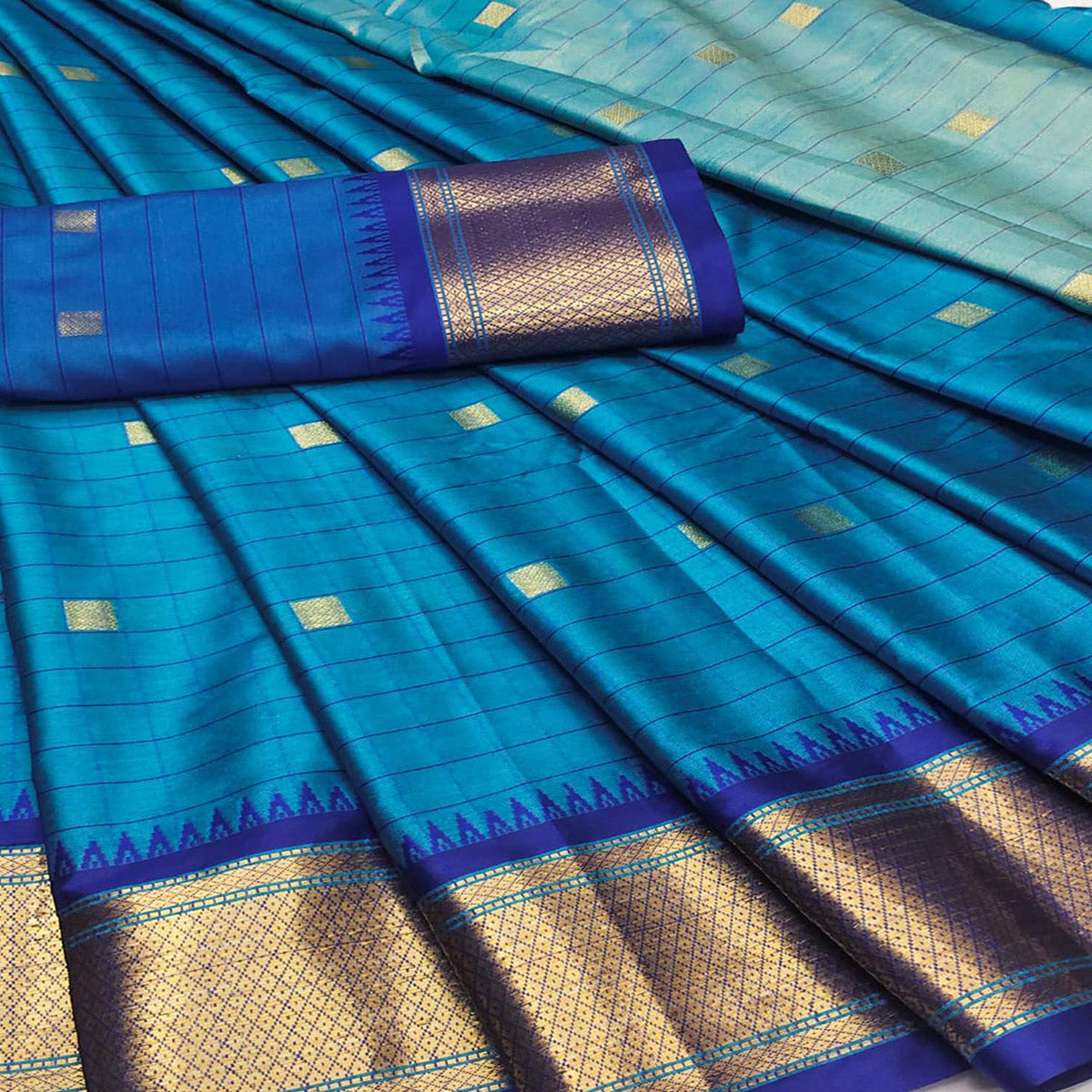 Blue Woven Cotton Silk Saree With Tassels