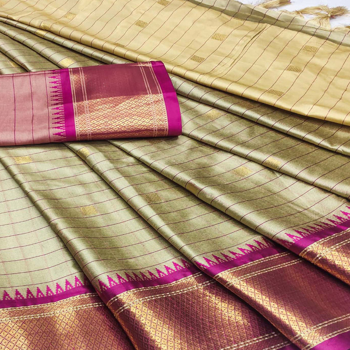 Chikoo & Magenta Woven Cotton Silk Saree With Tassels