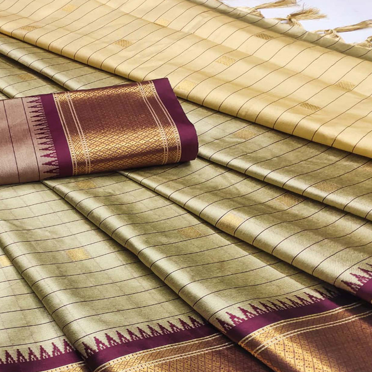 Chikoo & Wine Woven Cotton Silk Saree With Tassels