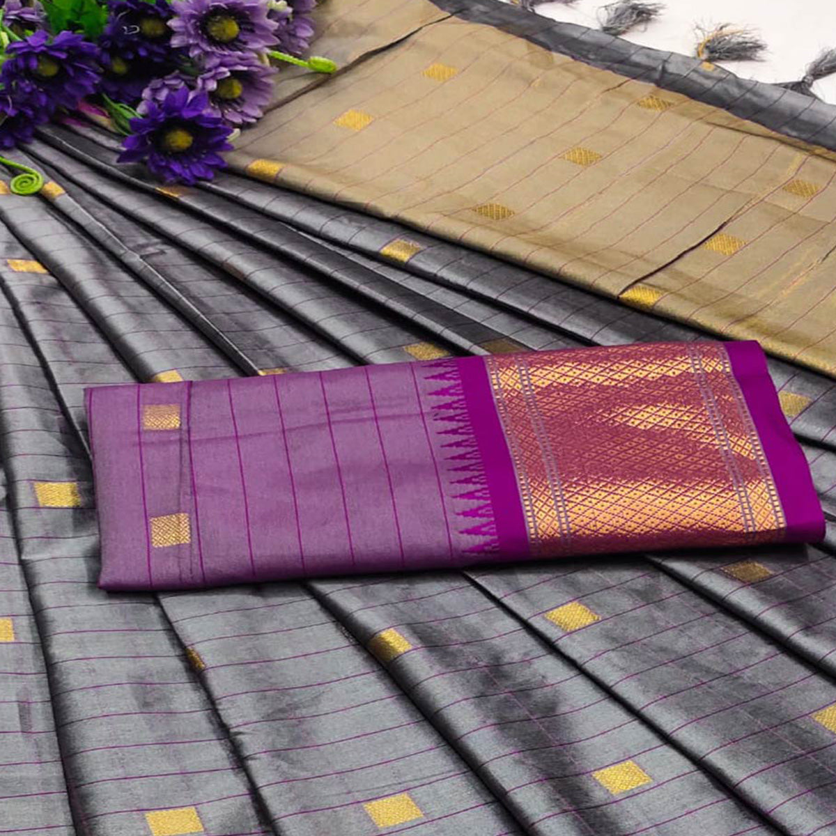 Grey & Purple Woven Cotton Silk Saree With Tassels