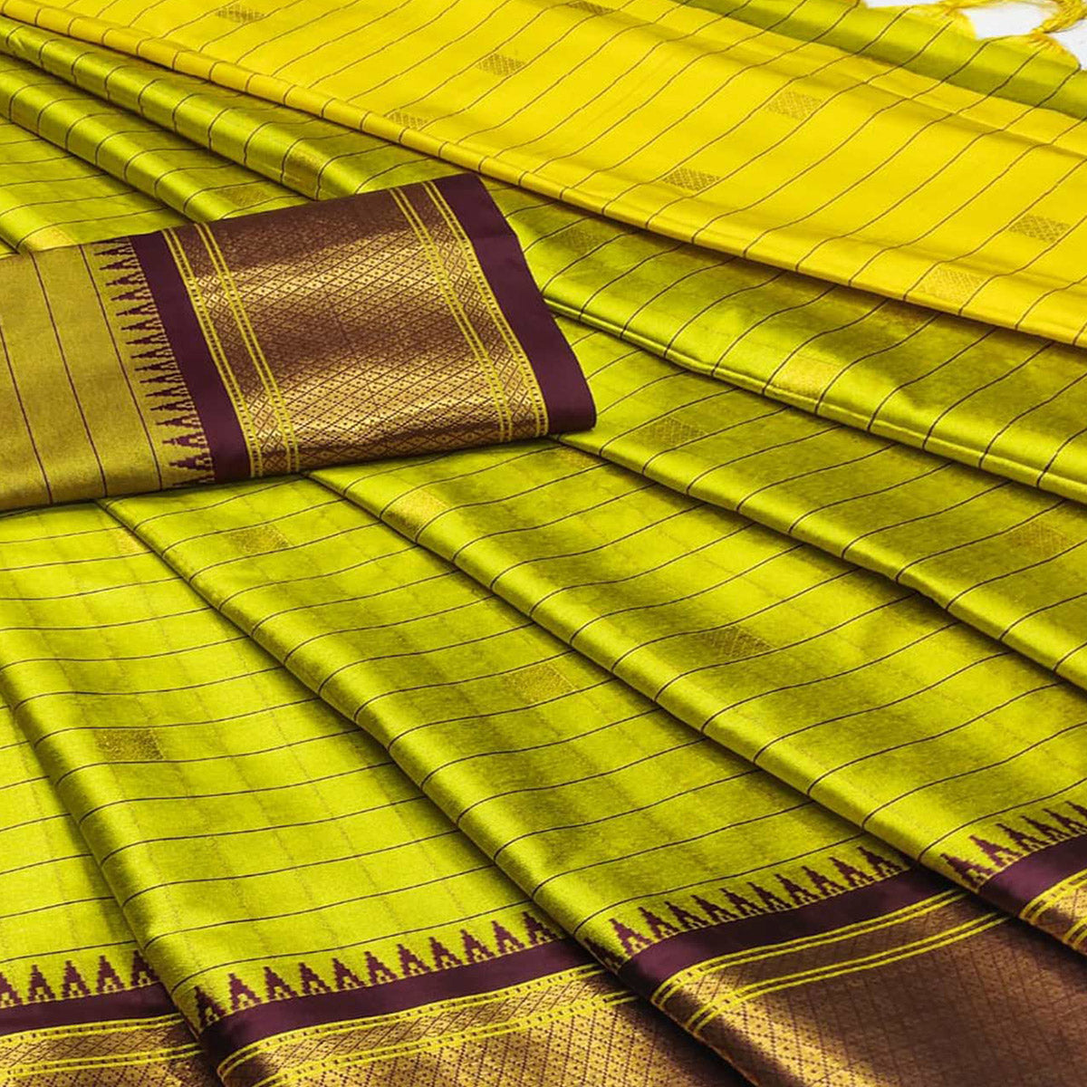 Lemon Green & Wine Woven Cotton Silk Saree With Tassels