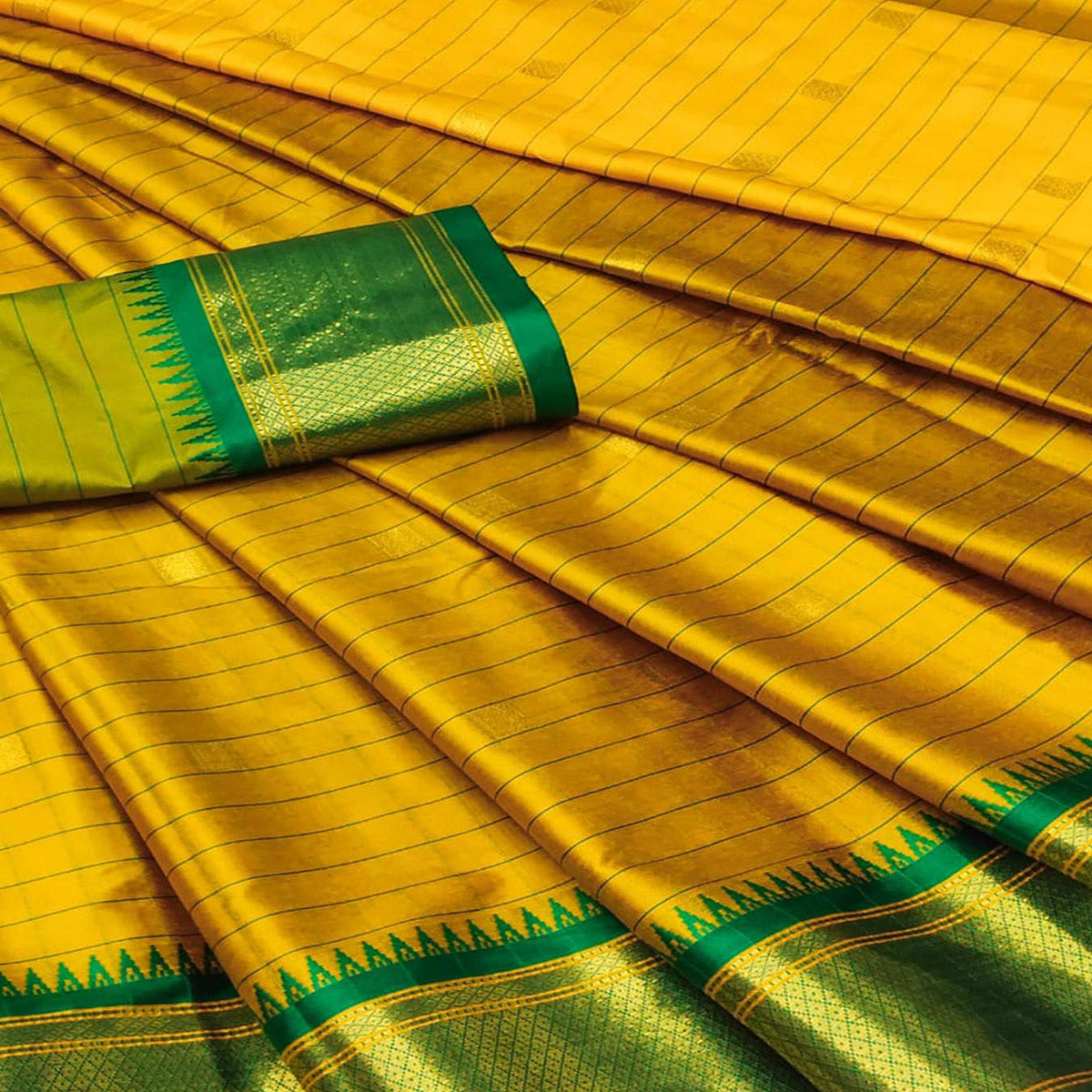 Mustard & Green Woven Cotton Silk Saree With Tassels