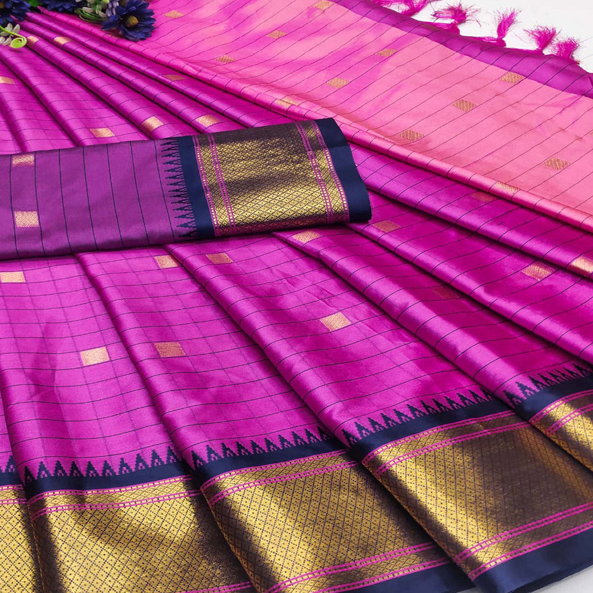 Rani Pink Woven Cotton Silk Saree With Tassels