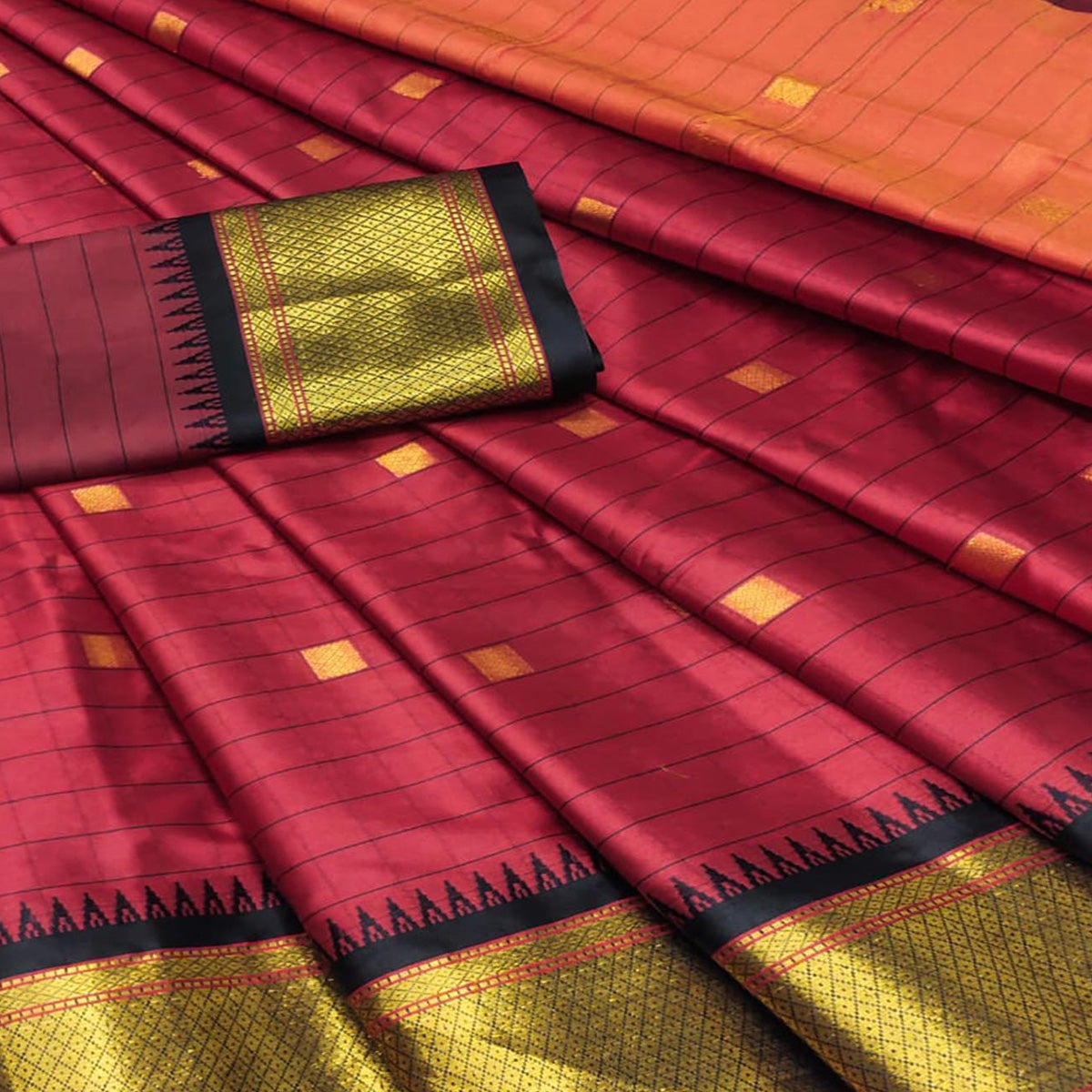 Red Woven Cotton Silk Saree With Tassels