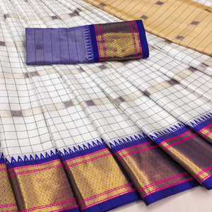 White & Blue Woven Cotton Silk Saree With Tassels