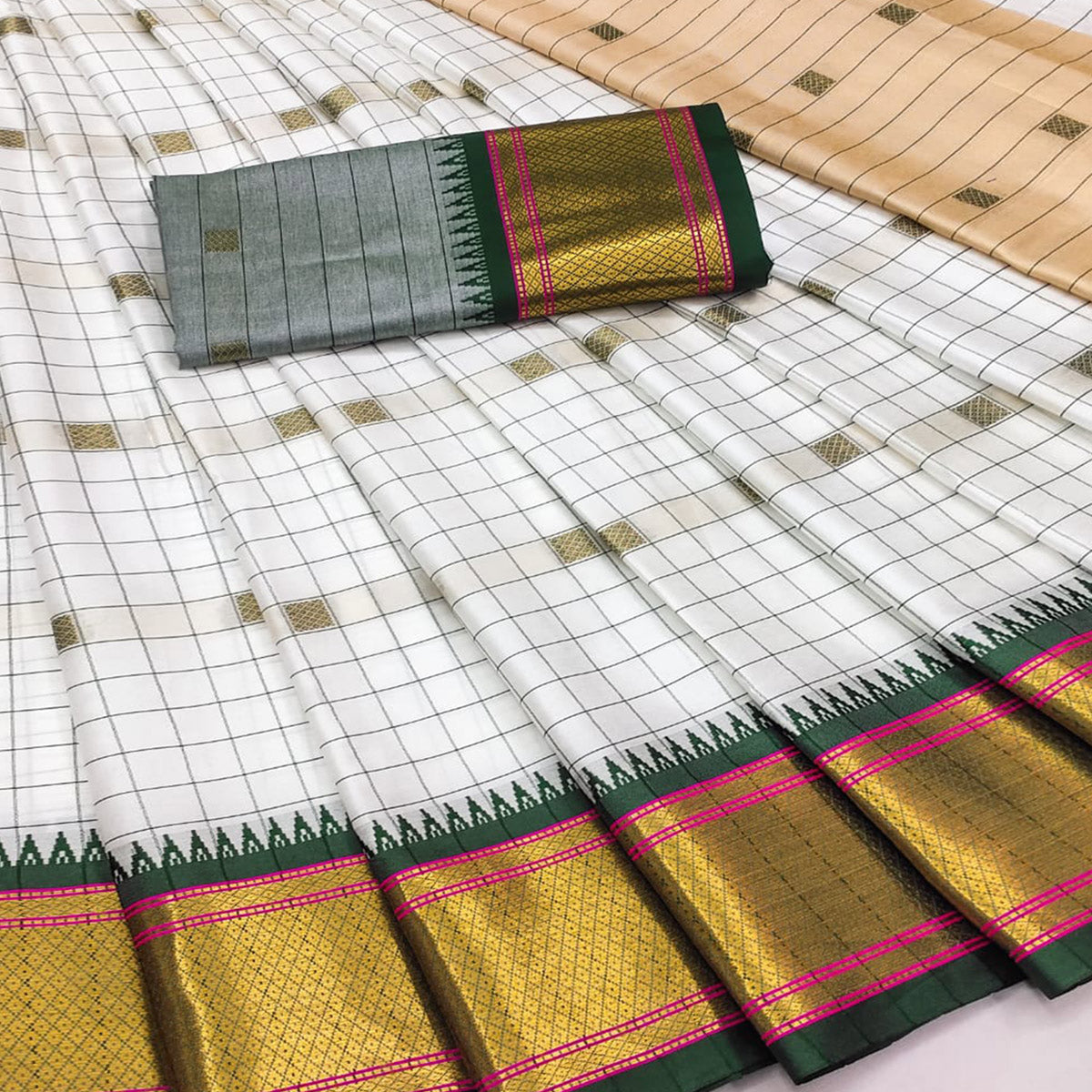 White & Green Woven Cotton Silk Saree With Tassels