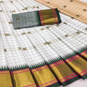 White & Green Woven Cotton Silk Saree With Tassels