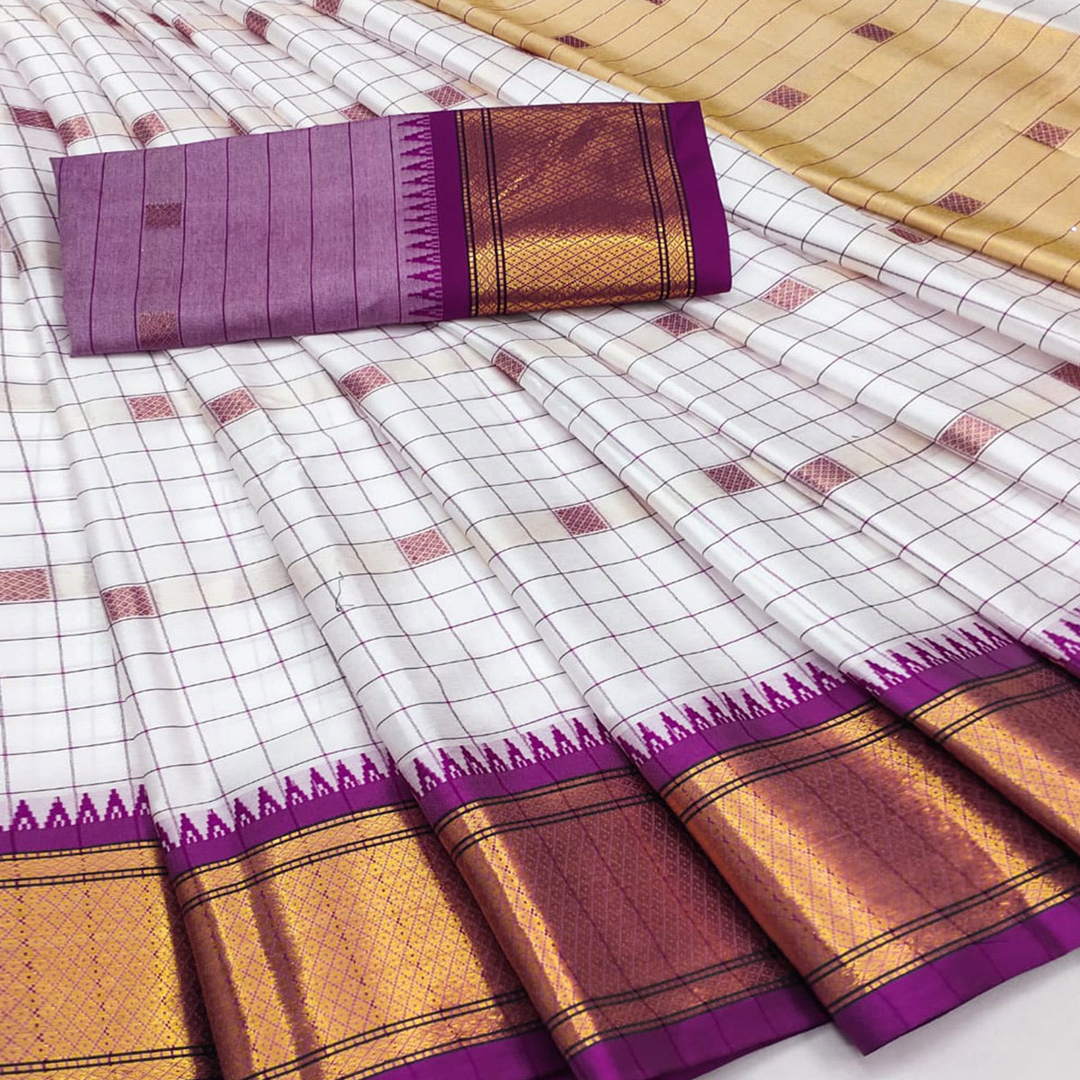 White & Purple Woven Cotton Silk Saree With Tassels