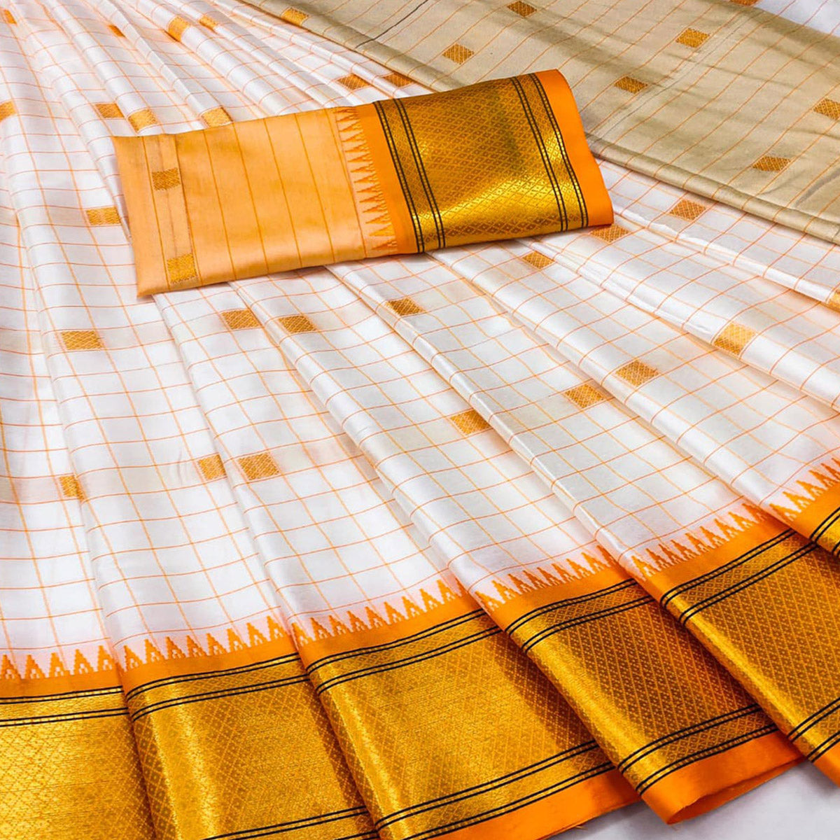 White & Yellow Woven Cotton Silk Saree With Tassels