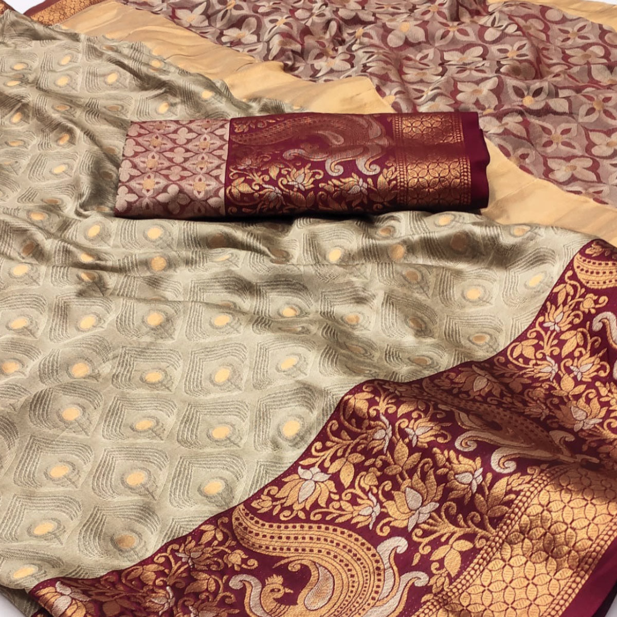 Chikoo Woven Cotton Silk Saree With Tassels
