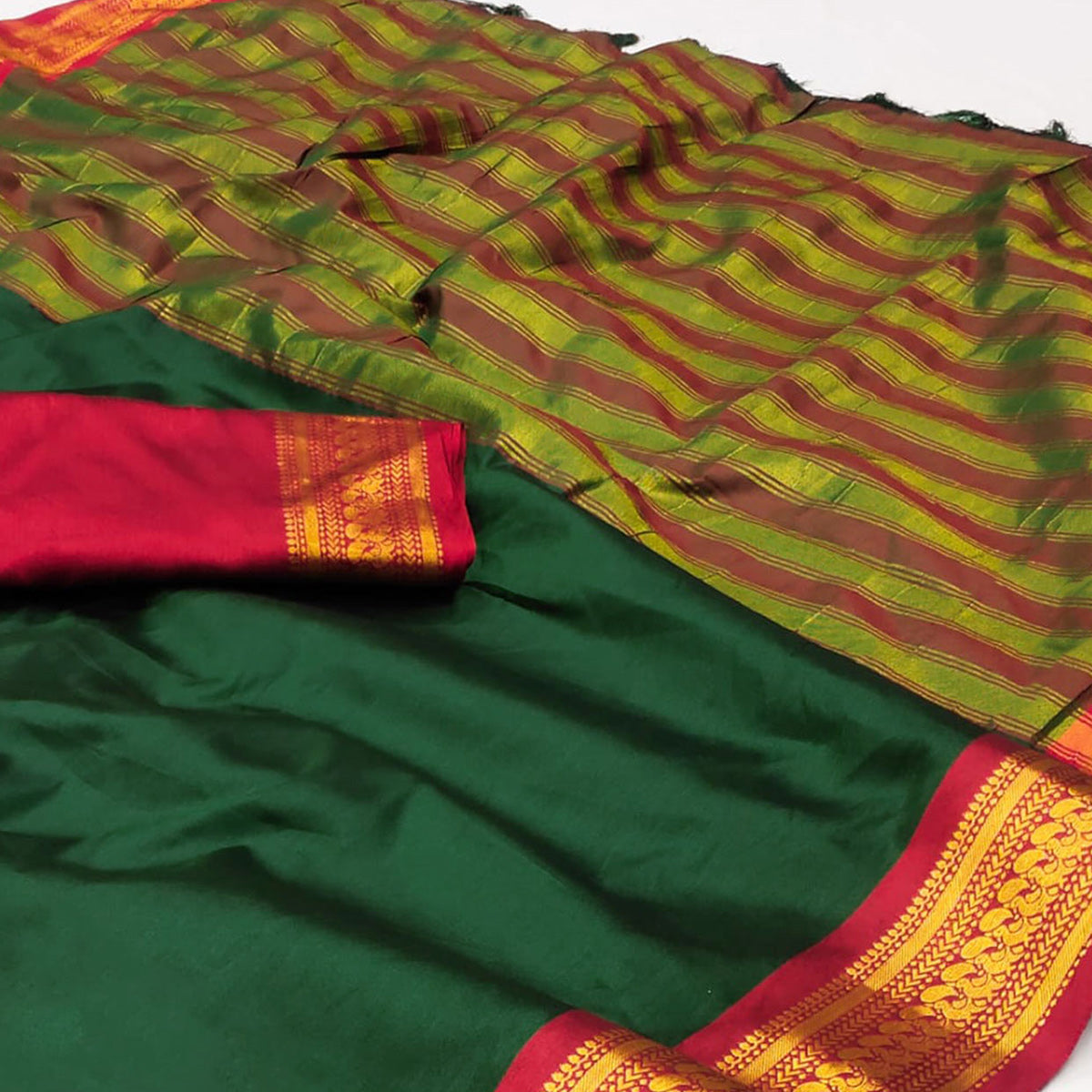 Bottle Green Solid Cotton Silk Saree With Jacquard Border