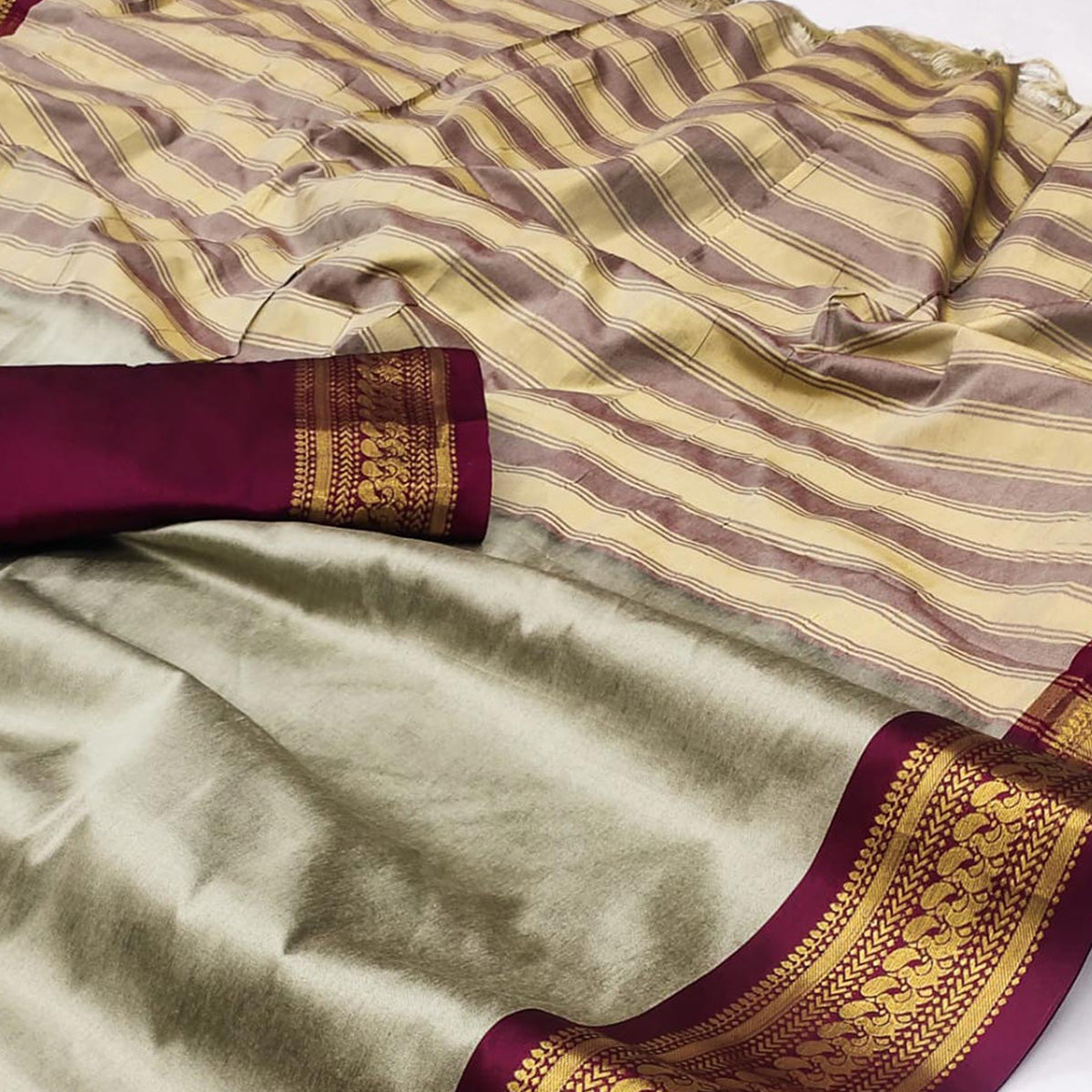 Chikoo Solid Cotton Silk Saree With Jacquard Border