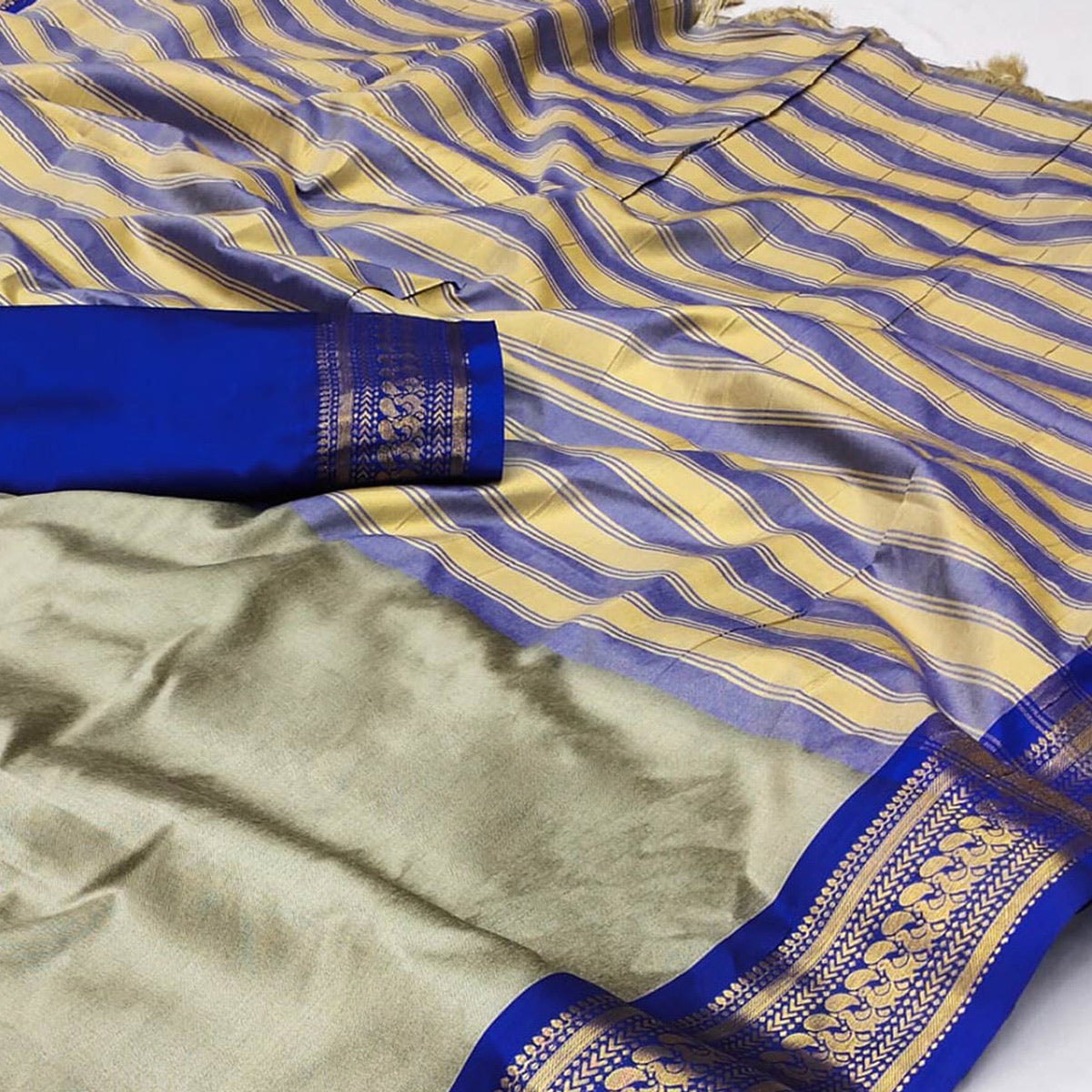 Chikoo & Blue Solid Cotton Silk Saree With Jacquard Border