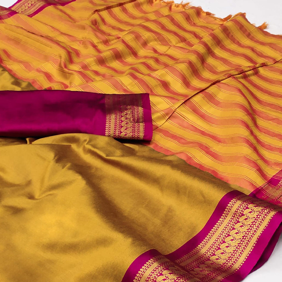 Mustard Solid Cotton Silk Saree With Jacquard Border