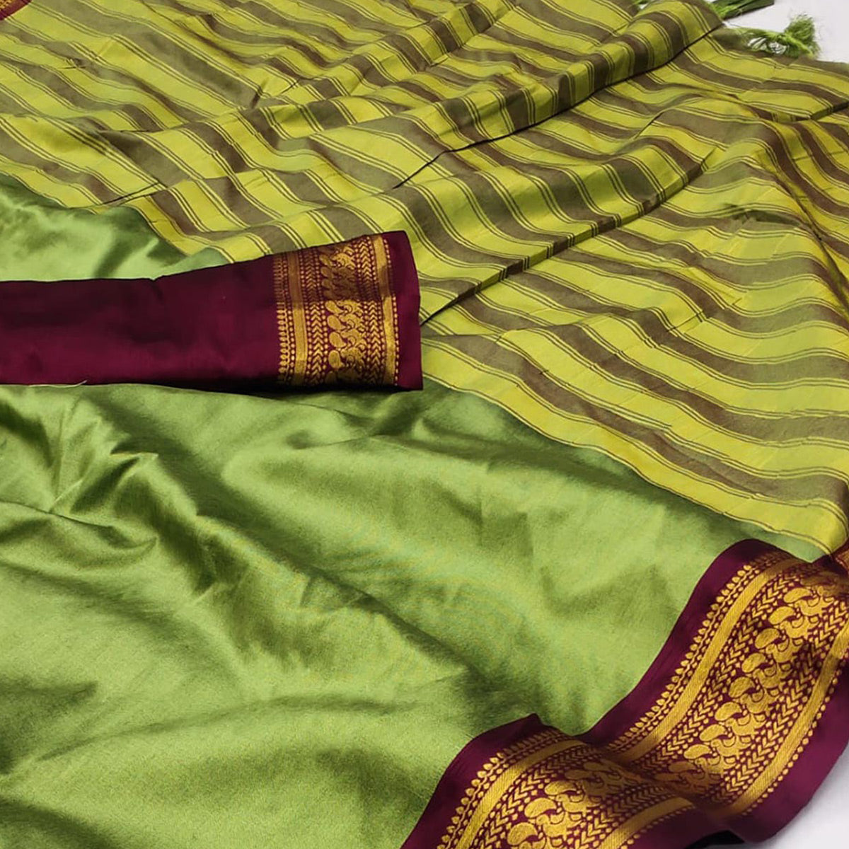 Olive Green Solid Cotton Silk Saree With Jacquard Border