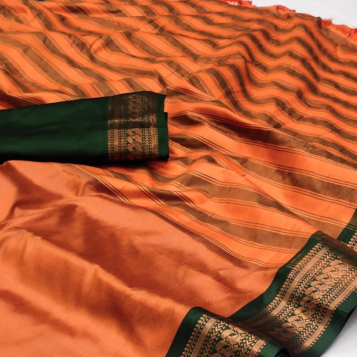 Orange Solid Cotton Silk Saree With Jacquard Border