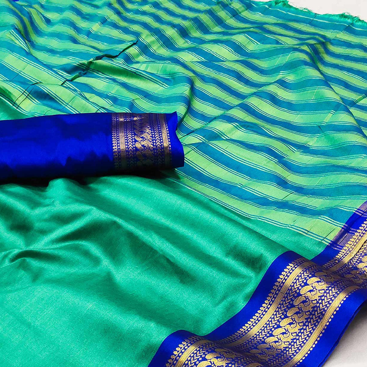 Rama Green Solid Cotton Silk Saree With Jacquard Border