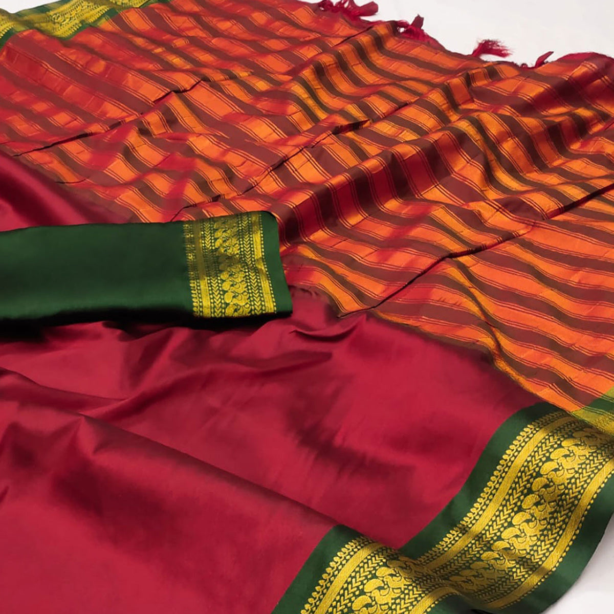 Red Solid Cotton Silk Saree With Jacquard Border