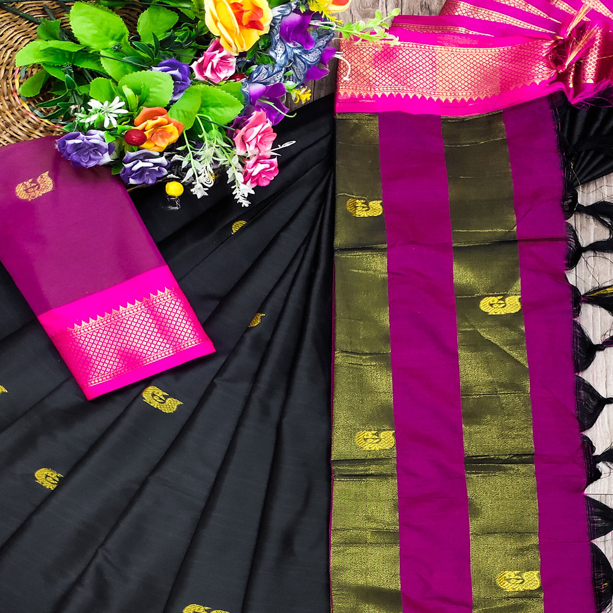 Black Butti Work Woven Cotton Silk Saree