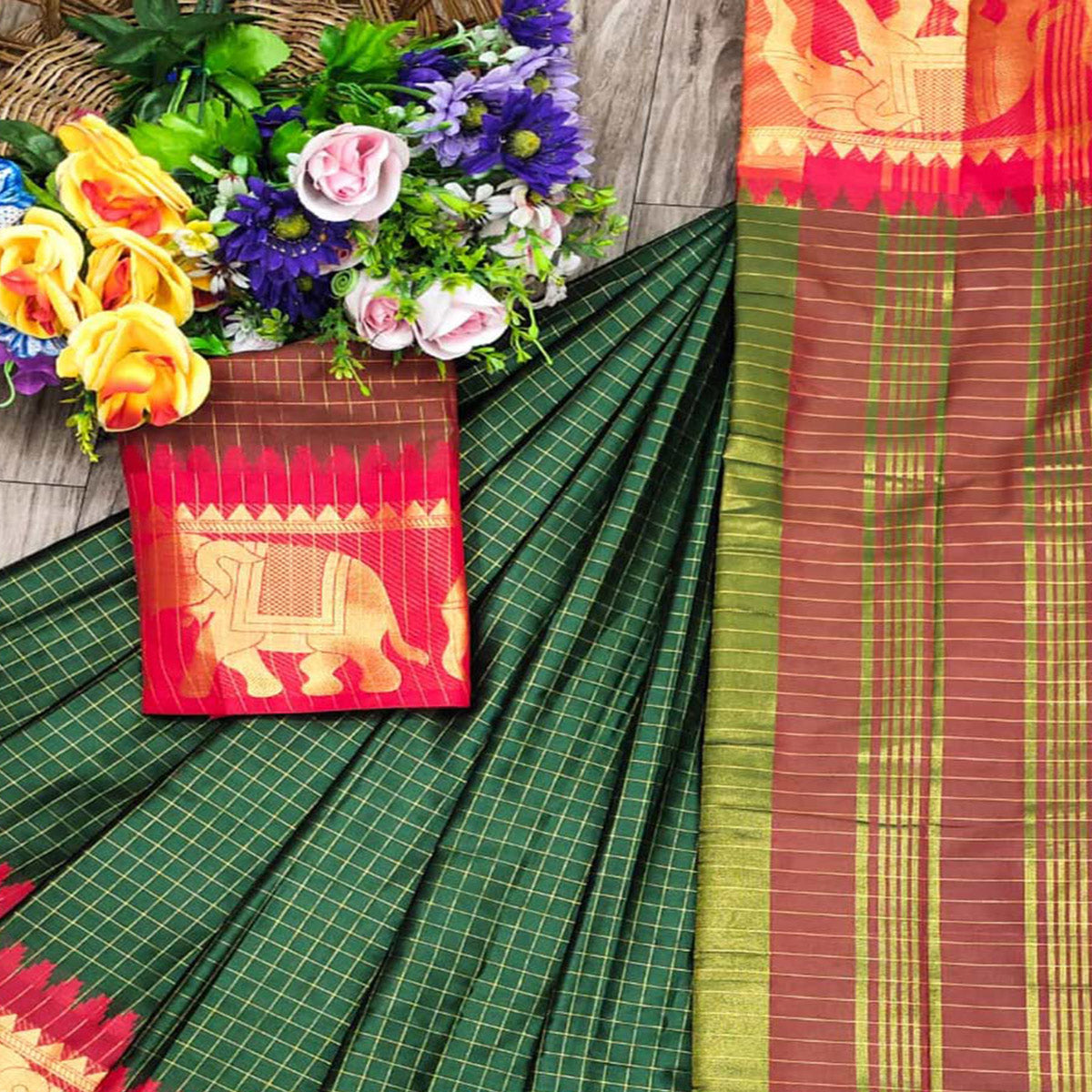 Bottle Green & Red Woven Cotton Silk Saree With Tassels