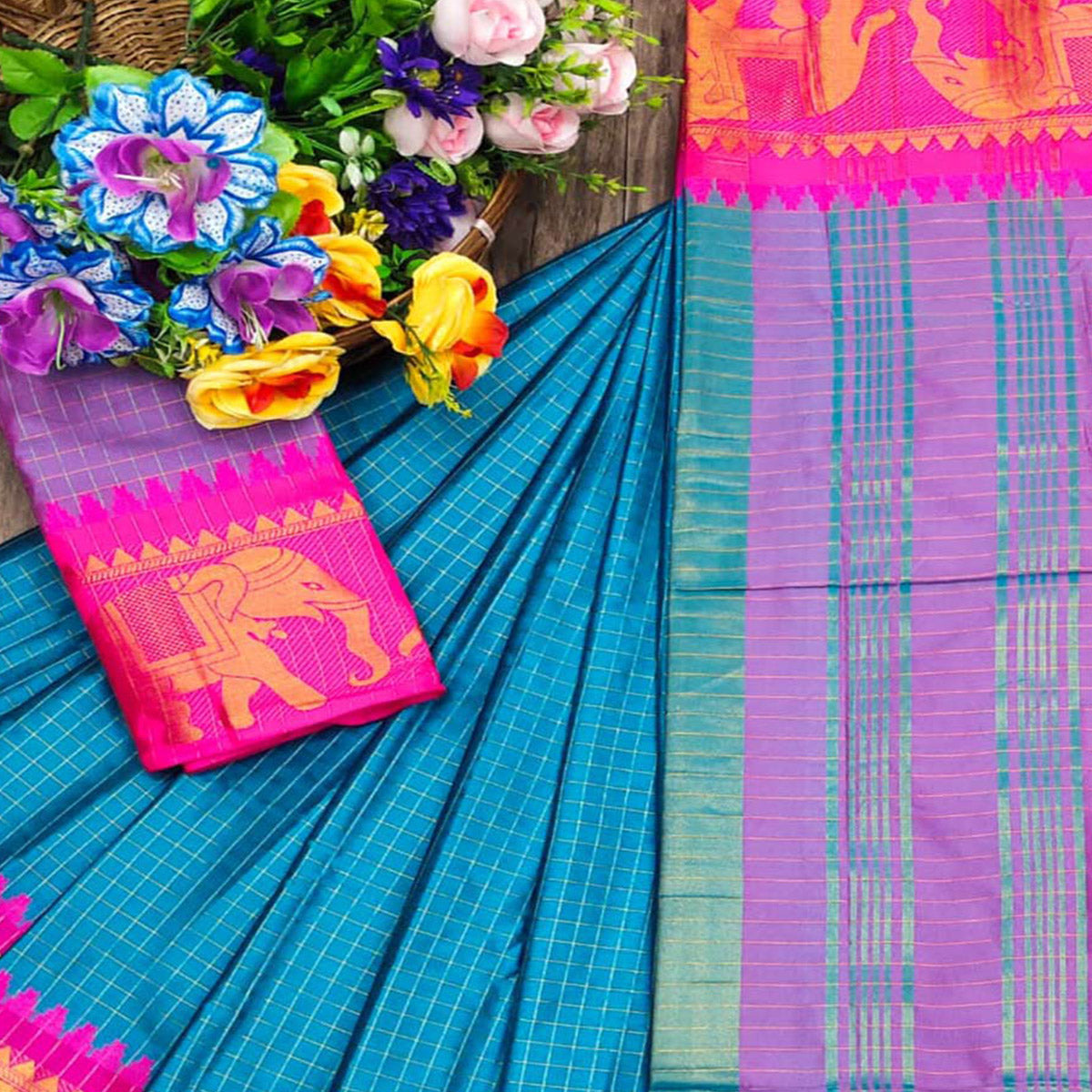 Blue & Pink Woven Cotton Silk Saree With Tassels