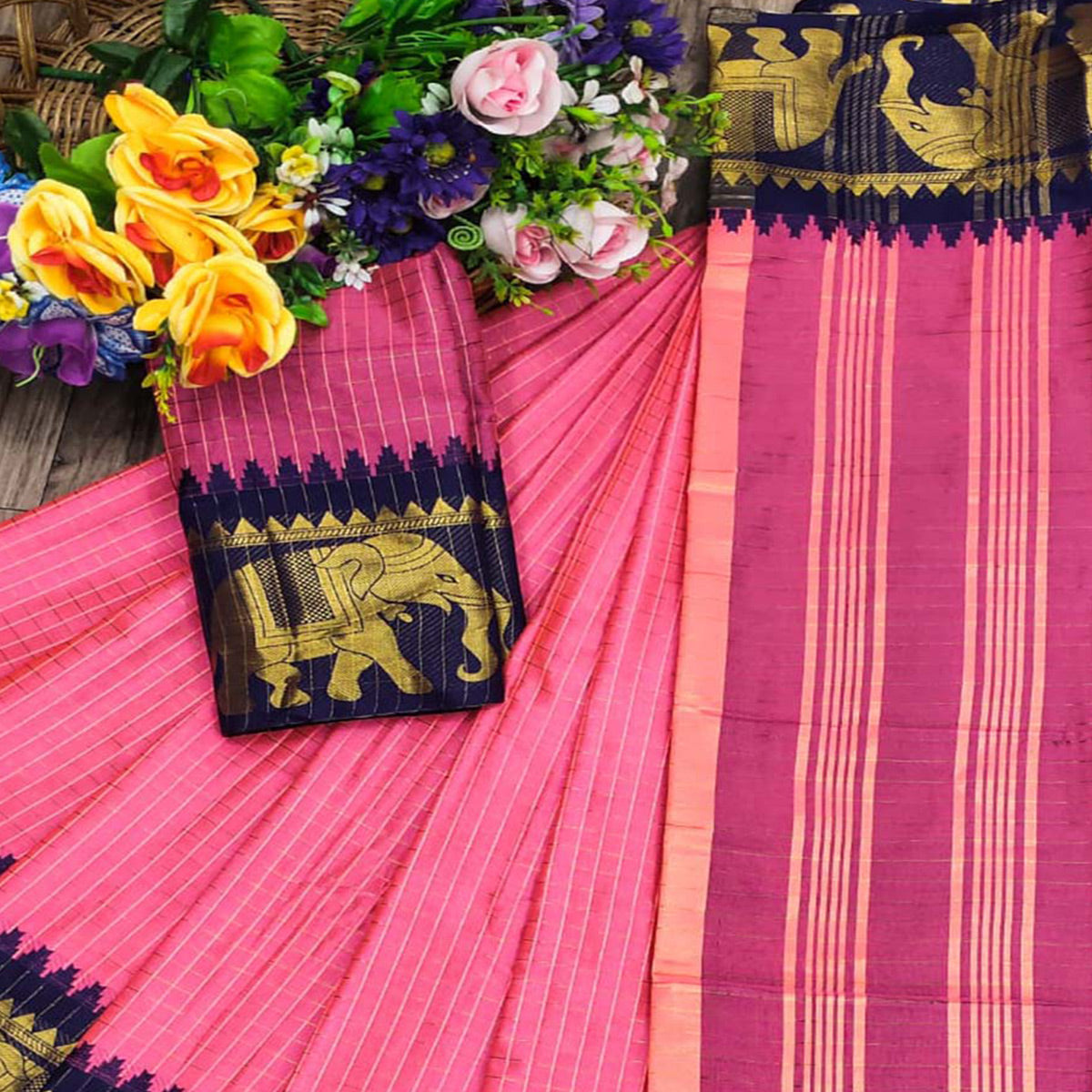 Gajari Pink & Navy Blue Woven Cotton Silk Saree With Tassels