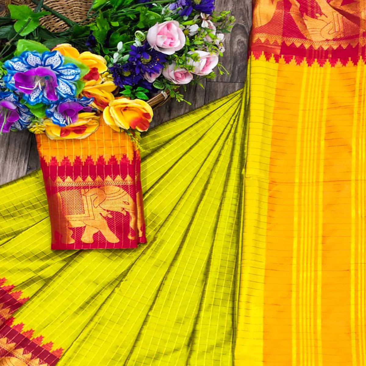 Lemon Yellow & Red Woven Cotton Silk Saree With Tassels