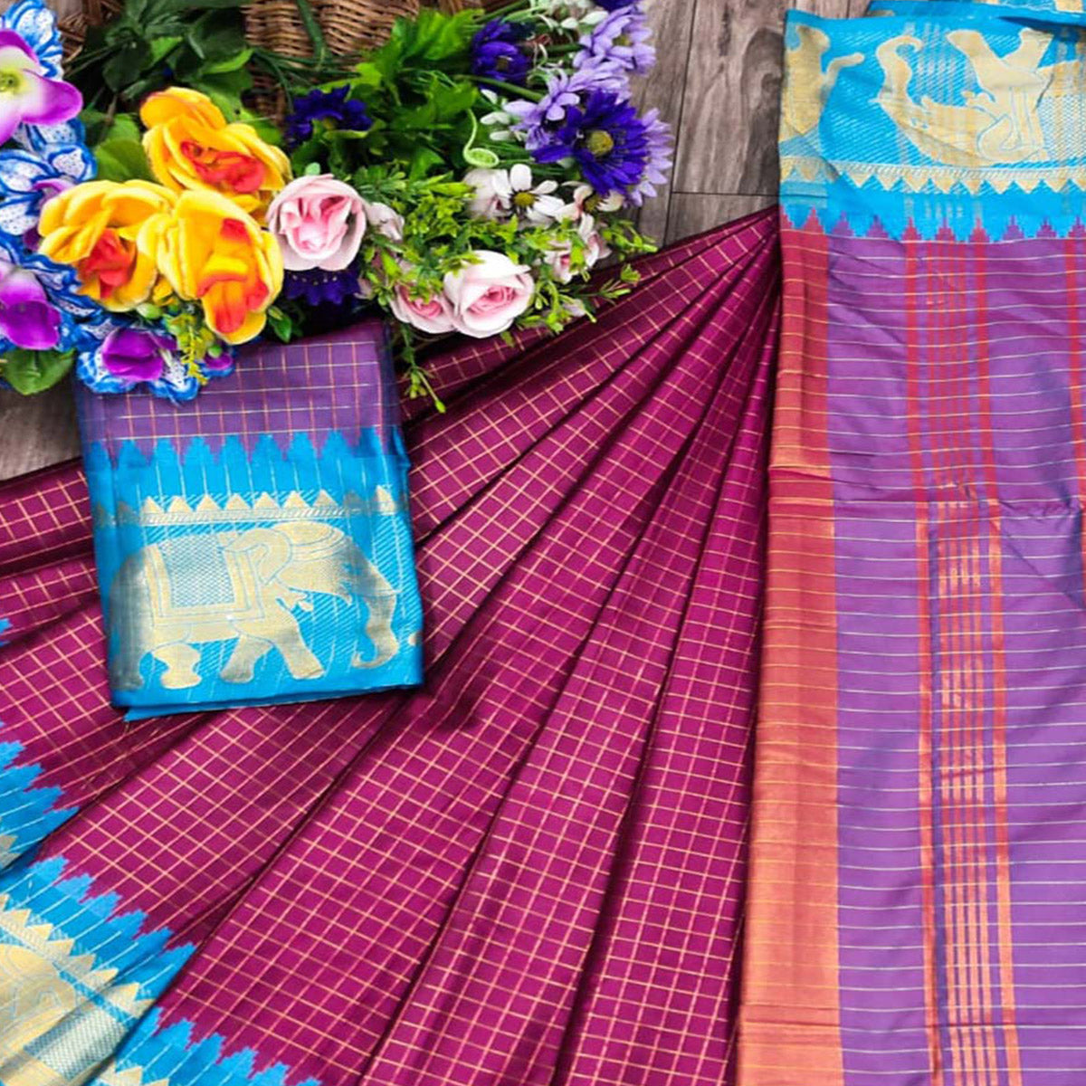 Magenta & Blue Woven Cotton Silk Saree With Tassels