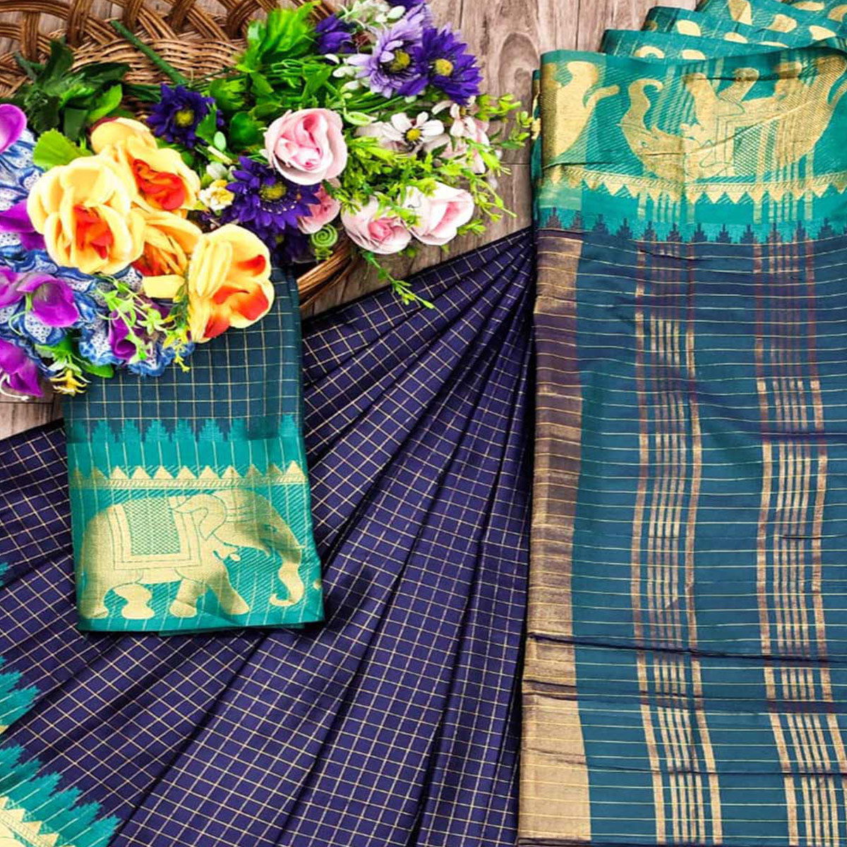 Navy Blue & Ram Green Woven Cotton Silk Saree With Tassels