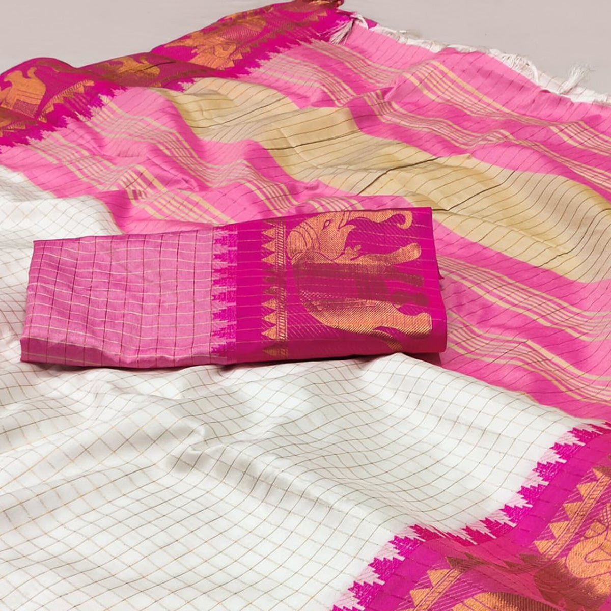 White & Rani Pink Woven Cotton Silk Saree With Tassels