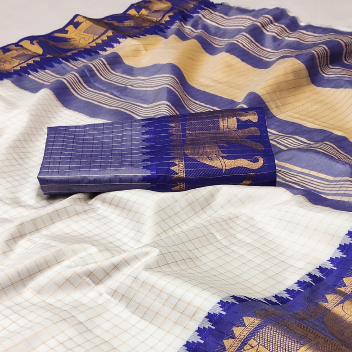 White & Rama Blue Woven Cotton Silk Saree With Tassels