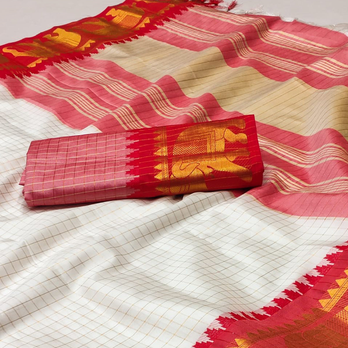 White & Red Woven Cotton Silk Saree With Tassels