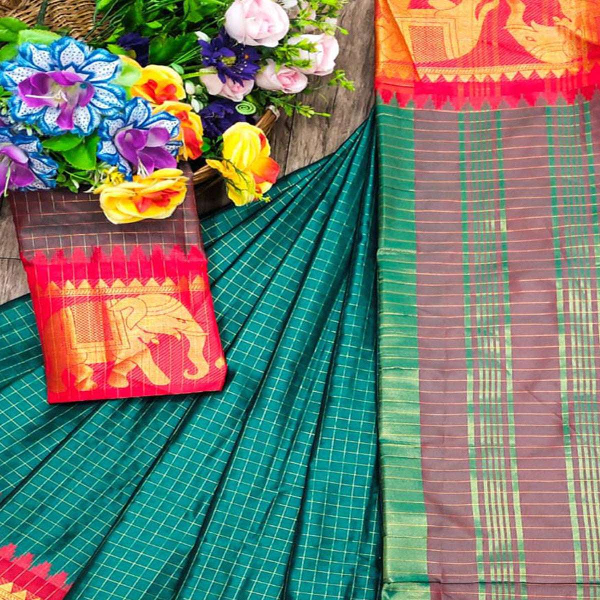 Teal & Red Woven Cotton Silk Saree With Tassels