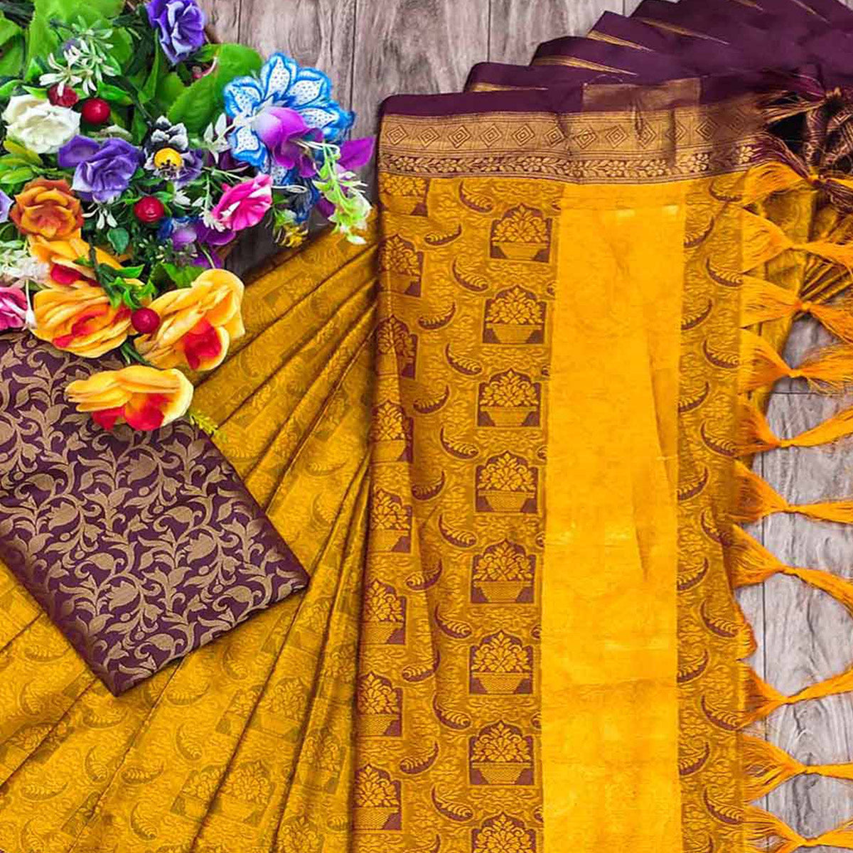 Mustard Woven Cotton Silk Saree With Tassels