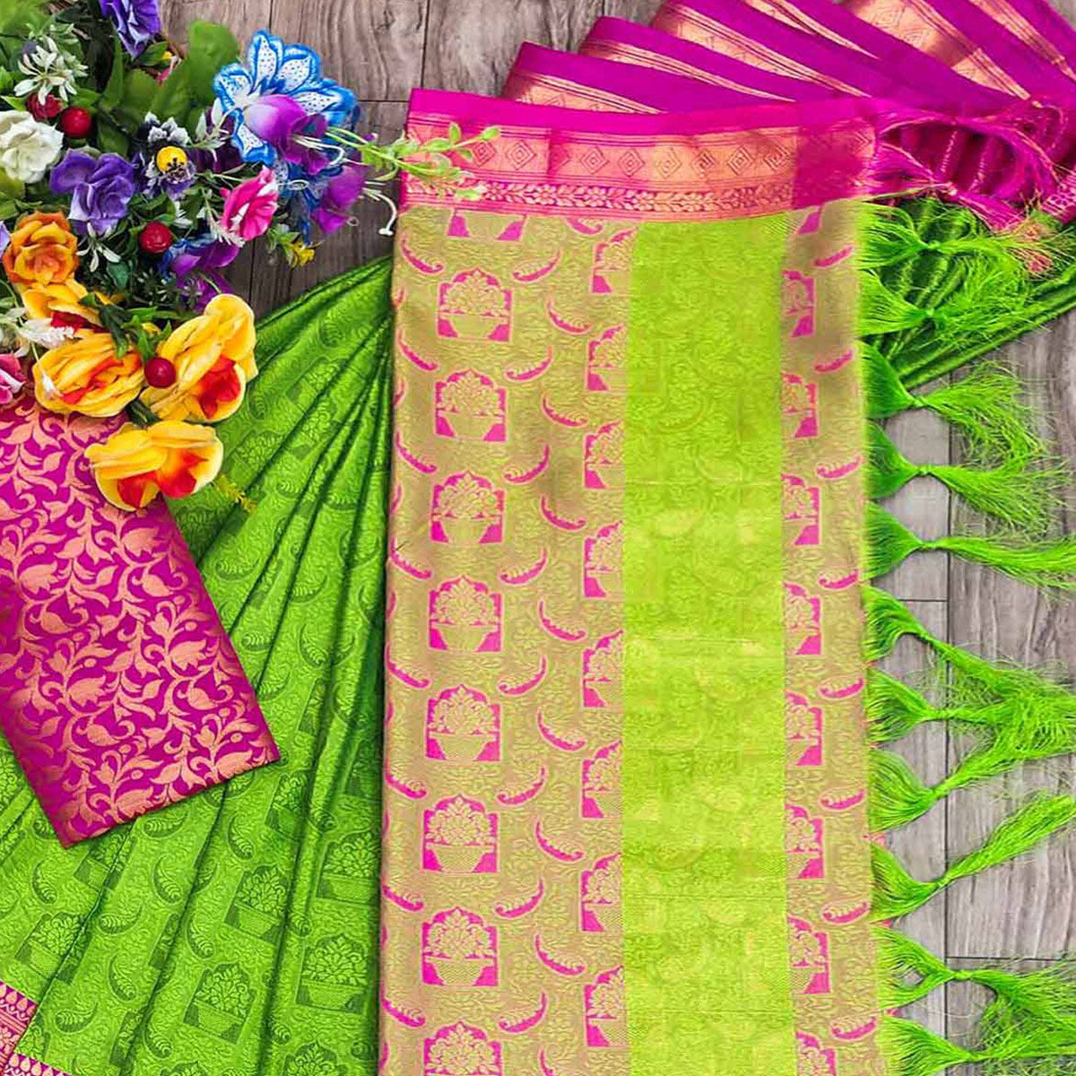 Parrot Green Woven Cotton Silk Saree With Tassels